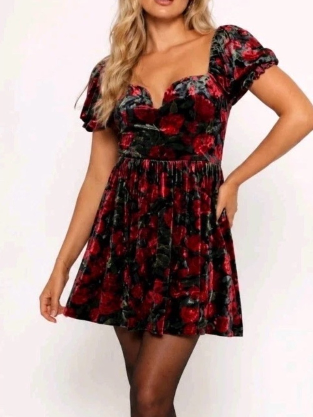 Petal & Pup Red and Black Floral Velvet Mini Dress